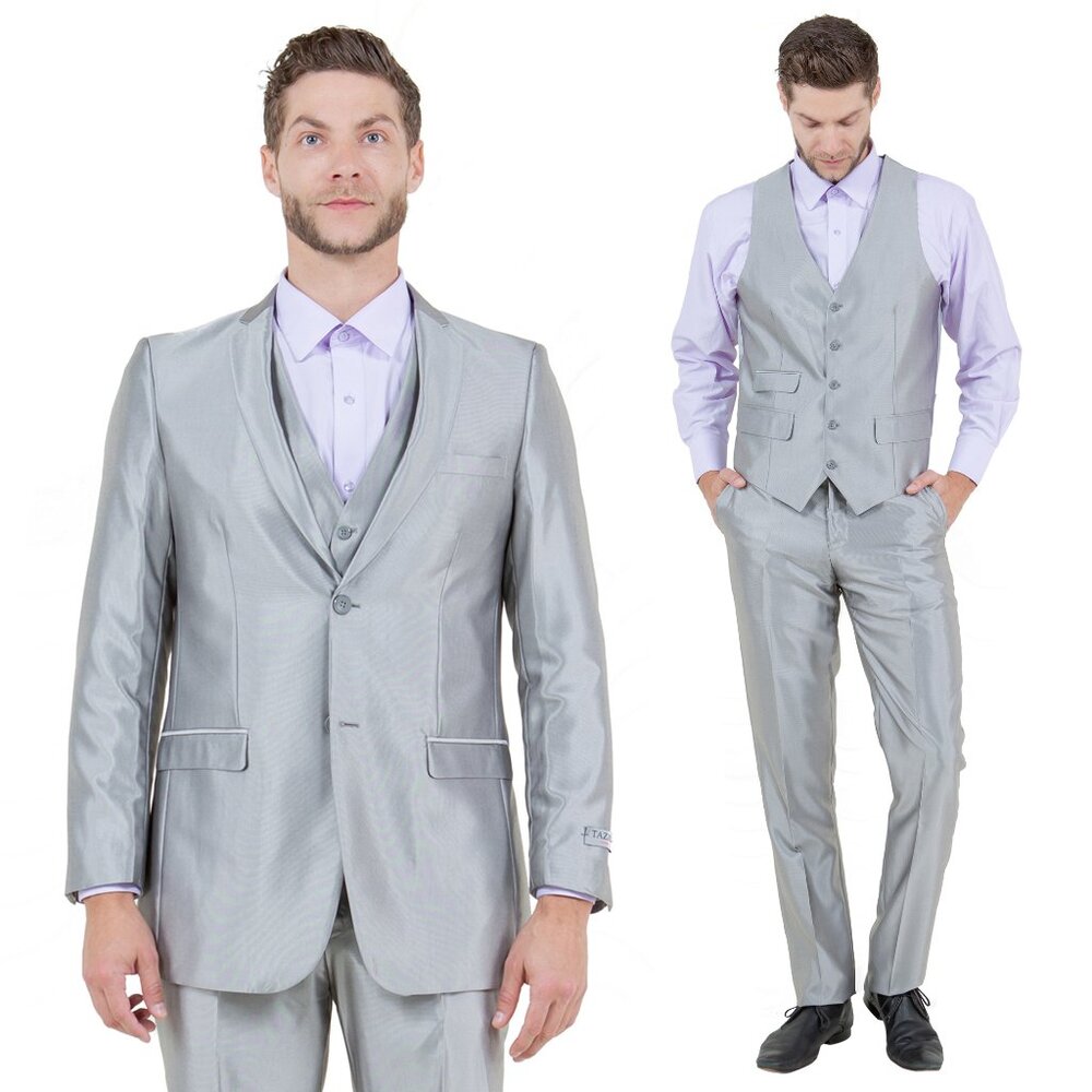 Silver Super Shiny Satin 3pc Mens Suit w/ Notch Lapel (Slim-Fit)